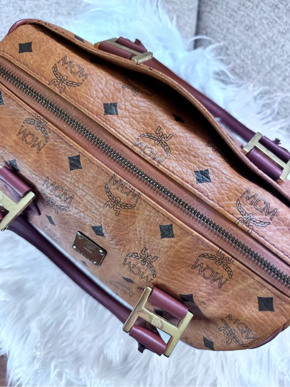 MCM Cognac Visetos Boston Bag